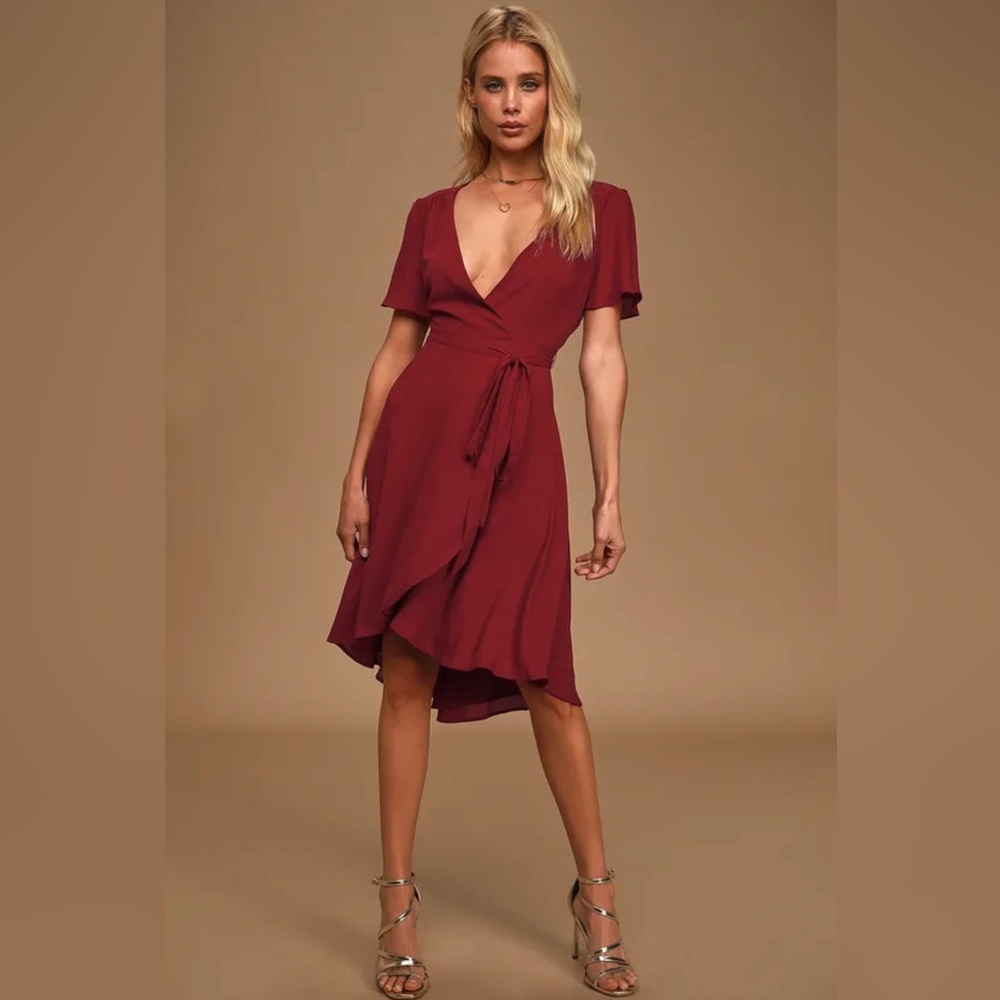 Lulu’s Rise to The Occasion burgundy midi wrap dress.